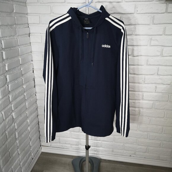 Adidas Men's Size Large Full Zip Navy with White Stripes Drawstring Hoodie - Picture 1 of 13